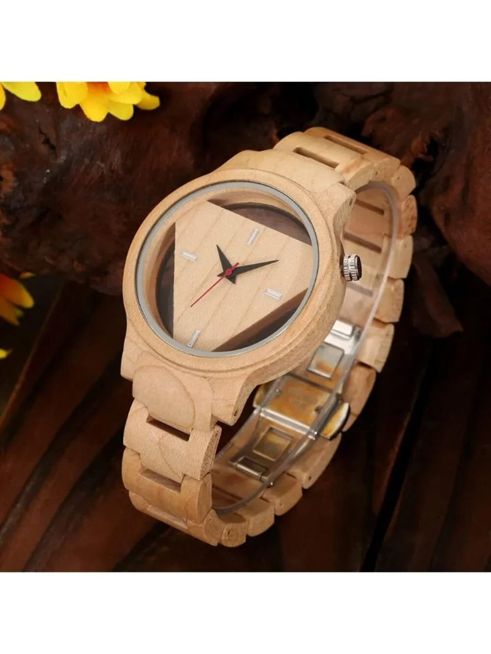 Men's Beige Classic Handmade Triangle Bamboo Analog Date Quartz Wooden Watch
